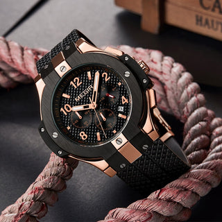 MEGIR Brand Men Watch Quartz Watch Gold Rubber Band 3ATM Water Resistant Chronograph Mens Quartz Wrist Watch ALODIA STORE