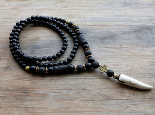New Design Black BLava Stones Bead with Hematite cross charm pendant necklace Men's Bead Necklace ALODIA STORE
