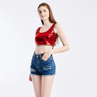 CUHAKCI Club Women Street Crop Tops Summer Tanks Slim bright Short Top Sleeveless U Croptops Ladies Vest XXL Sexy Tank ALODIA STORE