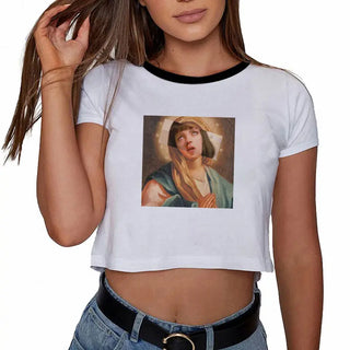 Korean High Quality Sexy Summer Funny Printed Short Sleeve O-Neck Female T Shirt Women's Clothing Slim Tshirt Sexy Croptops ALODIA STORE
