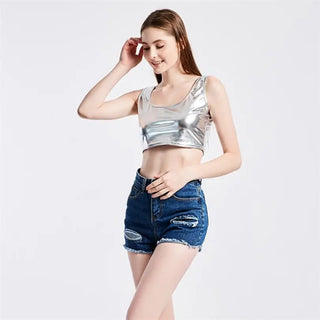 CUHAKCI Club Women Street Crop Tops Summer Tanks Slim bright Short Top Sleeveless U Croptops Ladies Vest XXL Sexy Tank ALODIA STORE