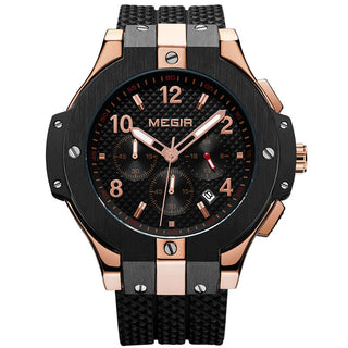 MEGIR Brand Men Watch Quartz Watch Gold Rubber Band 3ATM Water Resistant Chronograph Mens Quartz Wrist Watch ALODIA STORE