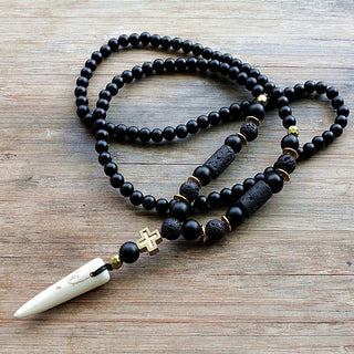 New Design Black BLava Stones Bead with Hematite cross charm pendant necklace Men's Bead Necklace ALODIA STORE