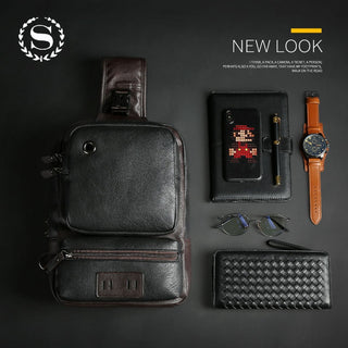 Scione Men Leather Backpacks Waterproof Chest Crossbody Bags Fashion Outdoor Business Casual Bag With Earphone Hole ALODIA STORE