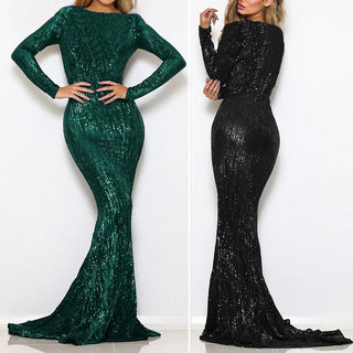 Enenthelabel O Neck Full Sleeved Maxi Dress Stretch Sequined Floor Length Evening Party Dress ALODIA STORE
