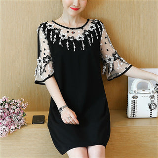 Fashion Elegant Patchwork Floral Lace Chiffon Dress Flare Short Sleeve Black Summer Dress Casual Loose Dress Women 2724 50 ALODIA STORE