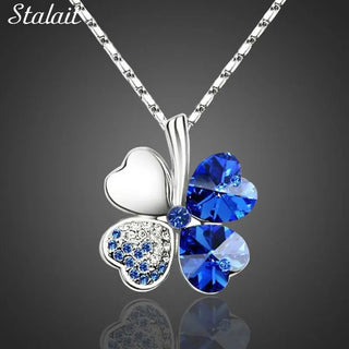 Fashion Jewelry Silver Color Austrian Crystal Necklace Four Leaf Leaves Clover Heart Rhinestones Pendant Necklace Jewelry ALODIA STORE