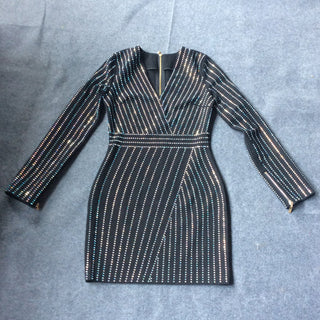 HAGEOFLY Women Bling Bling Long Sleeve Dress Black V-Neck Full Sleeve Women Casual Office Dress Party Dress Brazil Vestidos XXL ALODIA STORE