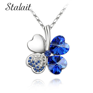 Fashion Jewelry Silver Color Austrian Crystal Necklace Four Leaf Leaves Clover Heart Rhinestones Pendant Necklace Jewelry ALODIA STORE
