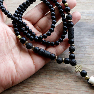 New Design Black BLava Stones Bead with Hematite cross charm pendant necklace Men's Bead Necklace ALODIA STORE