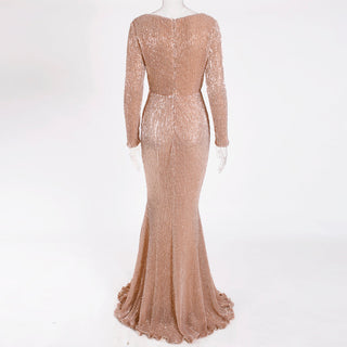 Enenthelabel O Neck Full Sleeved Maxi Dress Stretch Sequined Floor Length Evening Party Dress ALODIA STORE
