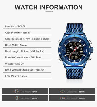 NAVIFORCE Men's Watches Top Brand Luxury Sports Watch For Men Quartz LED Digital Dual Clock Male Full Steel Military Wrist Watch ALODIA STORE