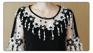 Fashion Elegant Patchwork Floral Lace Chiffon Dress Flare Short Sleeve Black Summer Dress Casual Loose Dress Women 2724 50 ALODIA STORE
