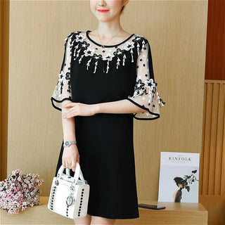 Fashion Elegant Patchwork Floral Lace Chiffon Dress Flare Short Sleeve Black Summer Dress Casual Loose Dress Women 2724 50 ALODIA STORE