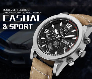 MEGIR Fashion Sport Watch Men Luxury Brand Men Quartz Watches Chronogragph Clock Leather Band Army Military Wrist Watch 2026 ALODIA STORE