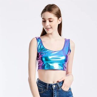 CUHAKCI Club Women Street Crop Tops Summer Tanks Slim bright Short Top Sleeveless U Croptops Ladies Vest XXL Sexy Tank ALODIA STORE