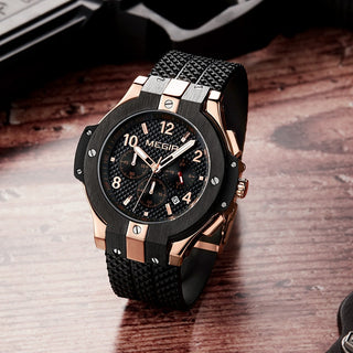 MEGIR Brand Men Watch Quartz Watch Gold Rubber Band 3ATM Water Resistant Chronograph Mens Quartz Wrist Watch ALODIA STORE