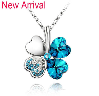 Fashion Jewelry Silver Color Austrian Crystal Necklace Four Leaf Leaves Clover Heart Rhinestones Pendant Necklace Jewelry ALODIA STORE