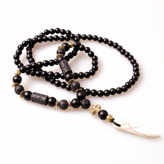 New Design Black BLava Stones Bead with Hematite cross charm pendant necklace Men's Bead Necklace ALODIA STORE