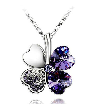 Fashion Jewelry Silver Color Austrian Crystal Necklace Four Leaf Leaves Clover Heart Rhinestones Pendant Necklace Jewelry ALODIA STORE