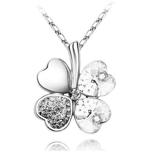 Fashion Jewelry Silver Color Austrian Crystal Necklace Four Leaf Leaves Clover Heart Rhinestones Pendant Necklace Jewelry ALODIA STORE