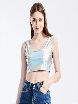 CUHAKCI Club Women Street Crop Tops Summer Tanks Slim bright Short Top Sleeveless U Croptops Ladies Vest XXL Sexy Tank ALODIA STORE
