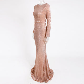Enenthelabel O Neck Full Sleeved Maxi Dress Stretch Sequined Floor Length Evening Party Dress ALODIA STORE