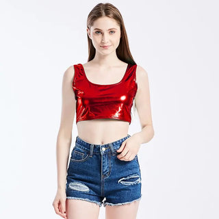 CUHAKCI Club Women Street Crop Tops Summer Tanks Slim bright Short Top Sleeveless U Croptops Ladies Vest XXL Sexy Tank ALODIA STORE