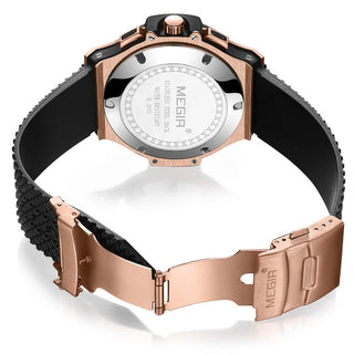 MEGIR Brand Men Watch Quartz Watch Gold Rubber Band 3ATM Water Resistant Chronograph Mens Quartz Wrist Watch ALODIA STORE