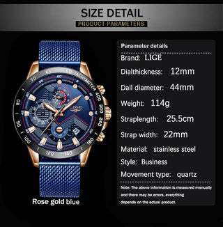 LIGE Men Watches Top Brand Luxury Stainless Steel Blue Waterproof Quartz Watch Men Fashion Chronograph Male Sport Military Watch ALODIA STORE