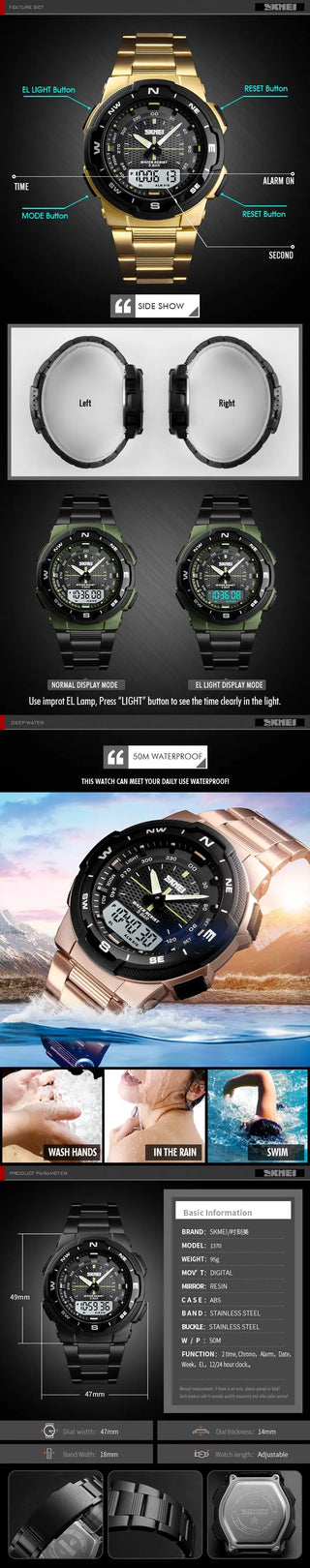 SKMEI Men Watch Fashion Quartz Sports Watches Stainless Steel Strap Men Watches Top Brand Luxury Business Waterproof Wrist Watch ALODIA STORE