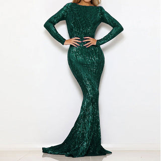 Enenthelabel O Neck Full Sleeved Maxi Dress Stretch Sequined Floor Length Evening Party Dress ALODIA STORE