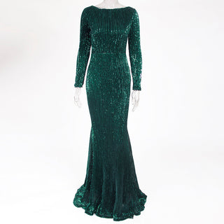 Enenthelabel O Neck Full Sleeved Maxi Dress Stretch Sequined Floor Length Evening Party Dress ALODIA STORE