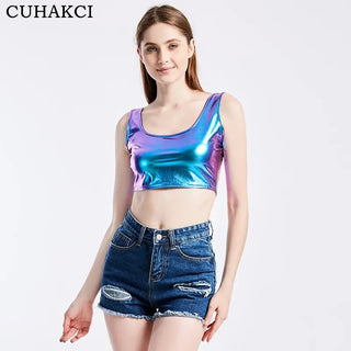 CUHAKCI Club Women Street Crop Tops Summer Tanks Slim bright Short Top Sleeveless U Croptops Ladies Vest XXL Sexy Tank ALODIA STORE