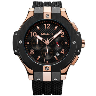 MEGIR Brand Men Watch Quartz Watch Gold Rubber Band 3ATM Water Resistant Chronograph Mens Quartz Wrist Watch ALODIA STORE