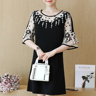 Fashion Elegant Patchwork Floral Lace Chiffon Dress Flare Short Sleeve Black Summer Dress Casual Loose Dress Women 2724 50 ALODIA STORE