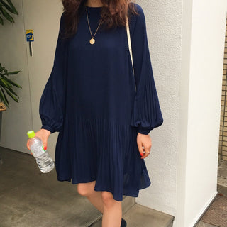 LANMREM 2023 New Korean Summer Fashion Women Clothes Vacation Dresses Lantern Sleeves Pullover Loose Chiffon Dress Pleated WG686 ALODIA STORE