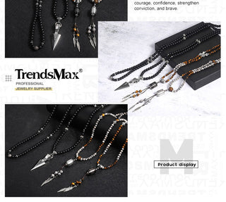 Unique Men's Necklace Stainless Steel Arrow Pendant Matte Black Glass Beaded Necklace Male Jewelry Dropshipping DNM07 ALODIA STORE