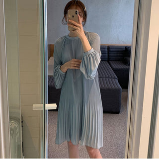LANMREM 2023 New Korean Summer Fashion Women Clothes Vacation Dresses Lantern Sleeves Pullover Loose Chiffon Dress Pleated WG686 ALODIA STORE
