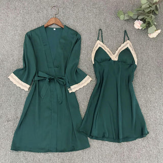 Satin Robe Set Sexy Female Sleepwear Summer Kimono Bathrobe Lace Trim Bride Bridesmaid Dressing Gown Casual Nightgown ALODIA STORE