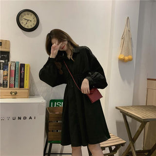QWEEK Shirt Dress Women Korean Style Polo Collar Black ALODIA STORE