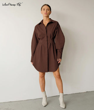 Mnealways18 Spring Summer Bodycon Dress Women Khaki Long Sleeve Pleated Shirt Dress Office Ladies Solid Lapel Casual Mini Dresss ALODIA STORE