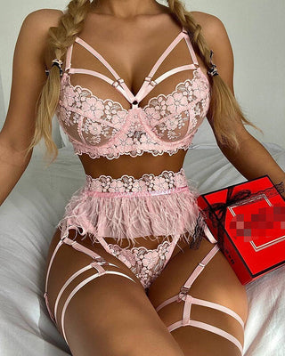 Ellolace Feather Sexy Lingerie Women's Underwear Set Woman 3 Pieces Women Sets Lingerie Sexy Push up Sensual Lingerie Woman ALODIA STORE