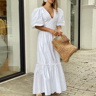 Summer Puff Shoulder Sexy Party Dress Spring Solid Button Long Shirt Dress Women Elegant Turn-down Collar Office Lady Maxi Dress ALODIA STORE