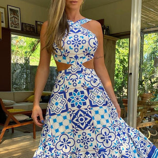 Vintage Printed Dresses Summer 2022 Women Sleeveless Halter Sexy Long Dress A-Line Elegant Woman Pary Dress ALODIA STORE