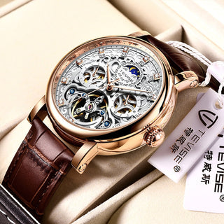 TEVISE Brand Classic Retro Men Watches Automatic Mechanical Watch Men Tourbillon Clock Genuine Leather Waterproof Business Watch ALODIA STORE
