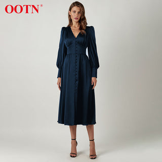 OOTN White Single Breasted Elegant Dress For Women Party Robe High Waist Satin Long Dress Chic Midi Dresses Lantern Sleeve ALODIA STORE