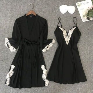 Satin Robe Set Sexy Female Sleepwear Summer Kimono Bathrobe Lace Trim Bride Bridesmaid Dressing Gown Casual Nightgown ALODIA STORE
