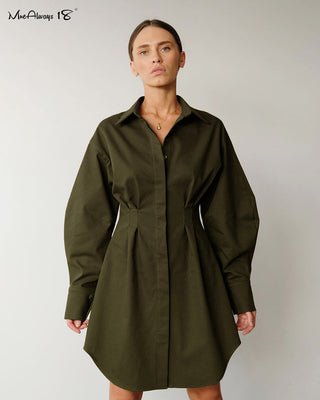 Mnealways18 Spring Summer Bodycon Dress Women Khaki Long Sleeve Pleated Shirt Dress Office Ladies Solid Lapel Casual Mini Dresss ALODIA STORE