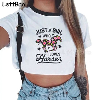Just A Girl Who Loves Horses Gothic Style Crop Top Harajuku T Shirt Women Ulzzang Korean Tshirt Summer Tee Croptop Goth Clothes ALODIA STORE